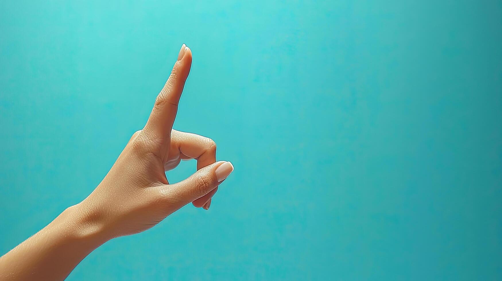 Elegant Woman's Hand with Pointed Finger Against a Teal Background for Direction or Instruction Concept photo