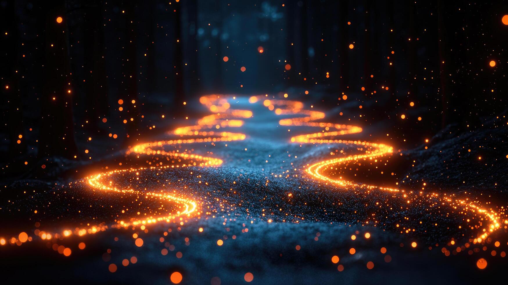 Enchanted Glowing Trail Through a Dark Forest Fantasy Landscape with Mystical Orange Light and Floating Particles photo
