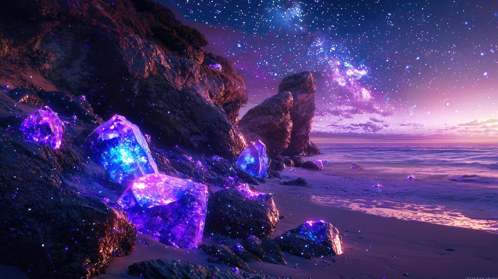 Enchanted Coastline Luminous Crystals, Starry Sky, and Ocean Waves A Dreamlike Fantasy Landscape photo