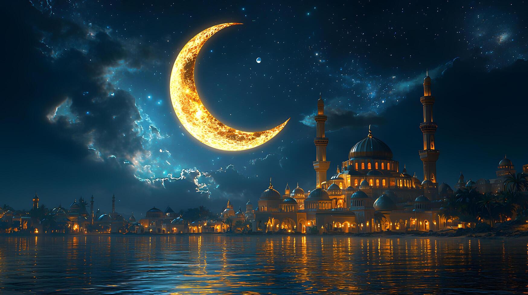 Enchanting Mosque Under the Crescent Moon and Starry Night, Reflecting Over Water, Ramadan Kareem, Eid Mubarak photo
