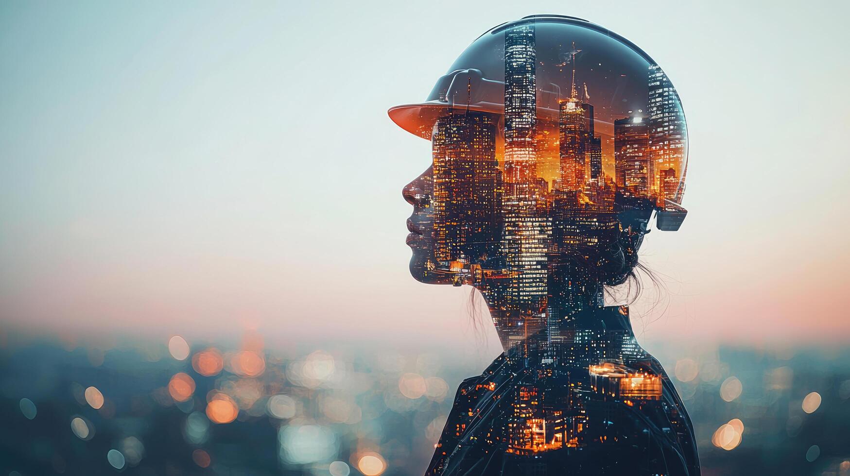 Engineering Future Double Exposure of Architect Woman in Hardhat Merged with Cityscape During Sunset. photo