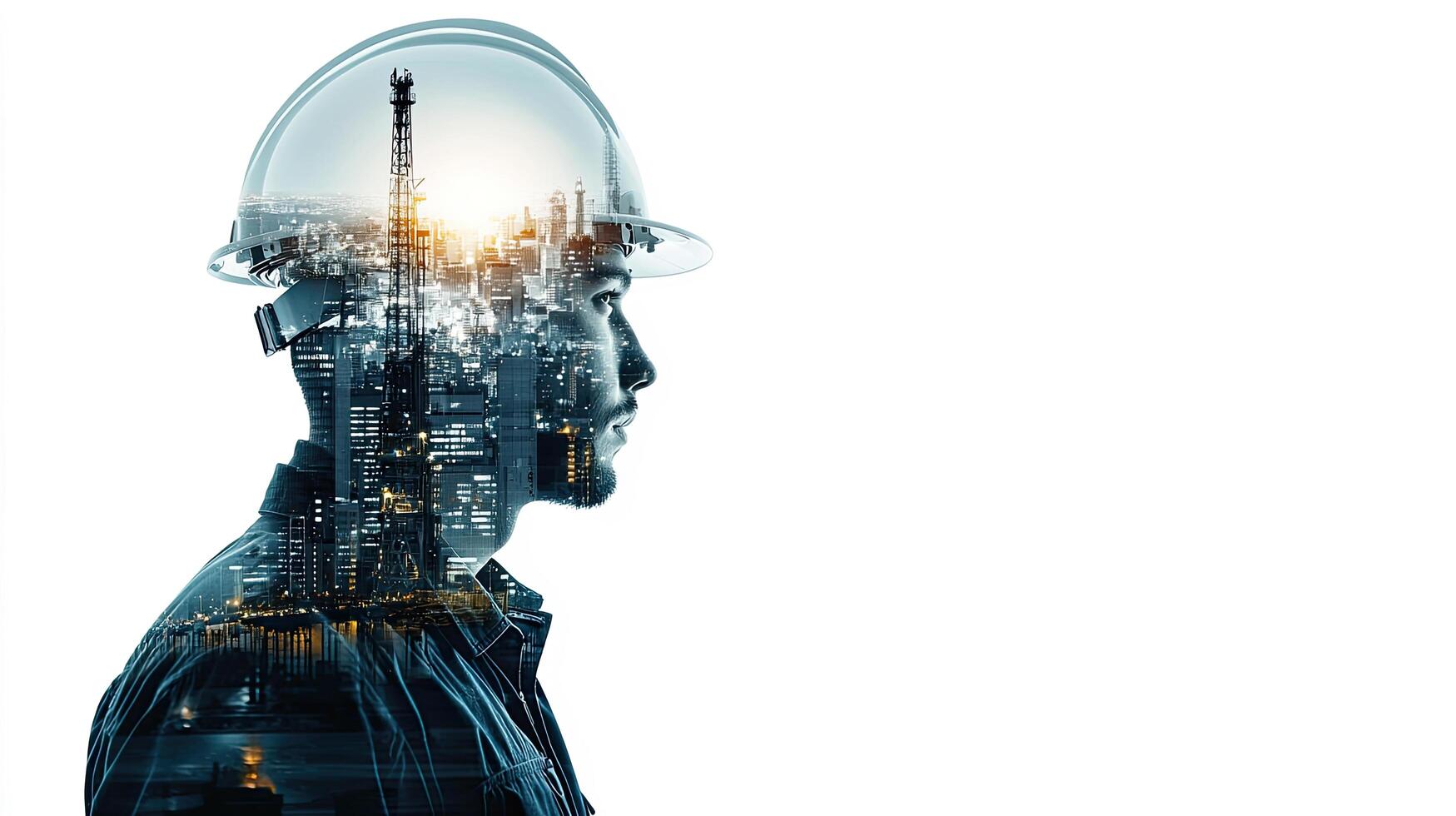 Engineering Vision Double Exposure of a Man in Hardhat Blending with Cityscape, Symbolizing Infrastructure and Innovation. photo