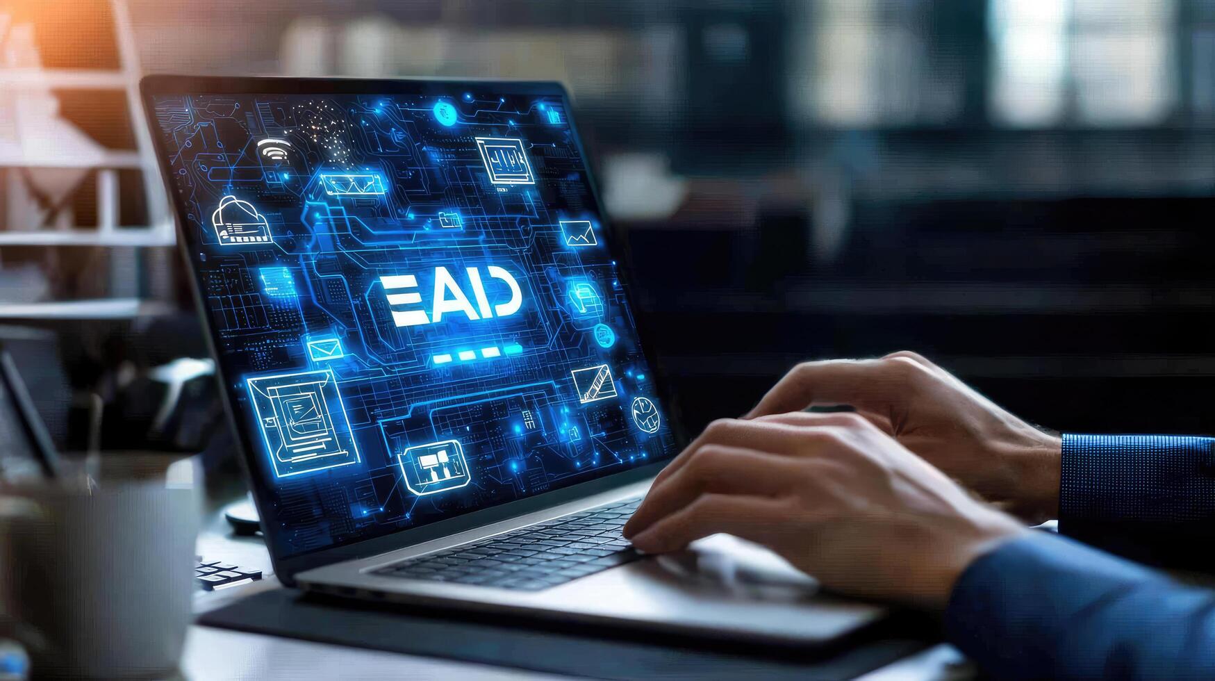 Enterprise Architecture Diagram on Laptop Display Showing Network, Infrastructure, and Applications Managed Centrally for Digital Transformation. photo