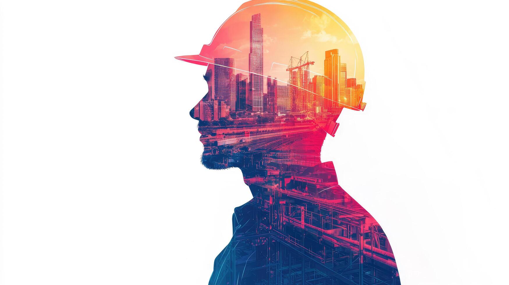 Engineering Vision Double Exposure of Construction Worker Silhouette and Thriving Cityscape at Sunset photo