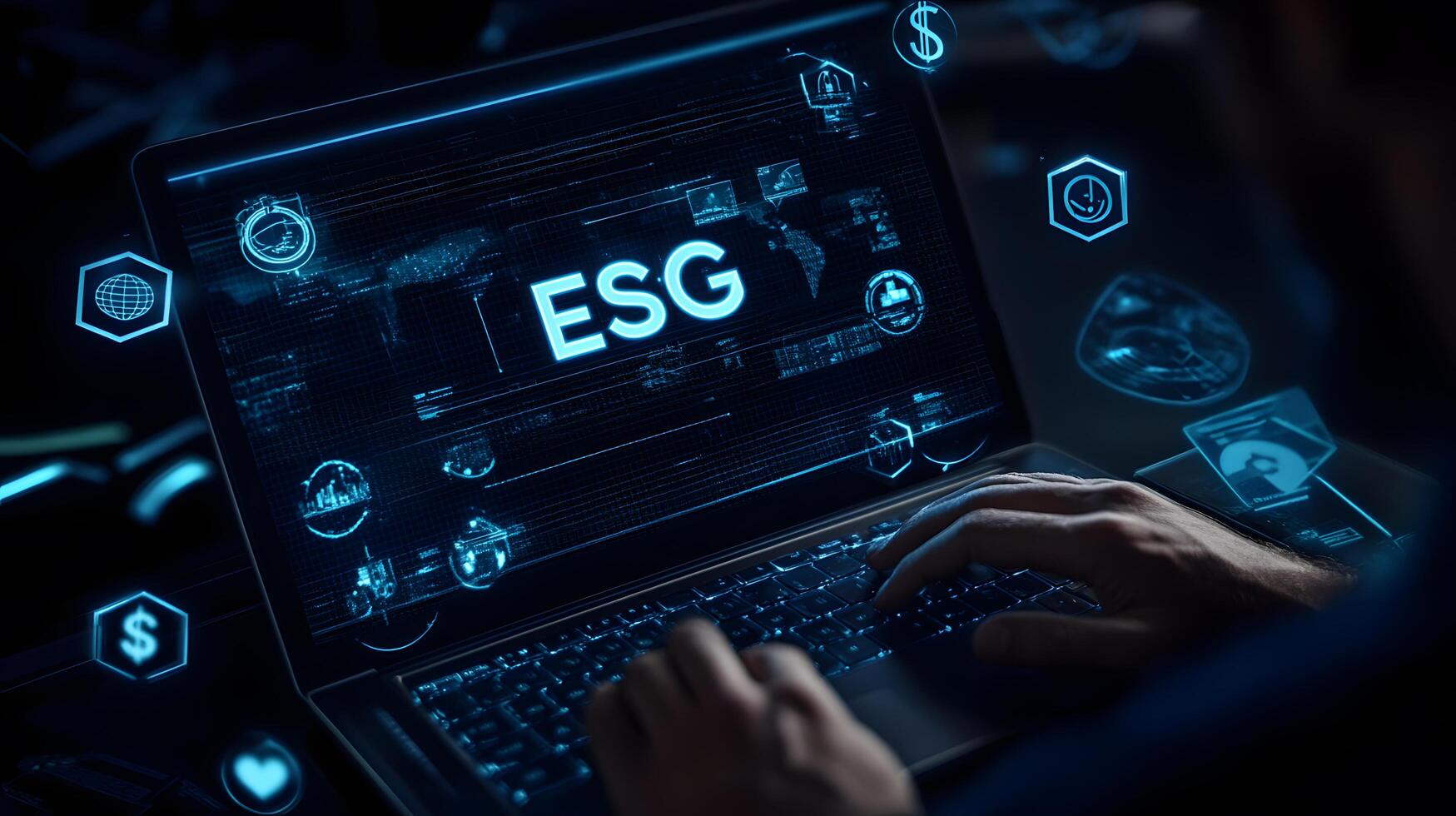 ESG concept on laptop with hands typing, environmental social governance, sustainable business, technology and future photo