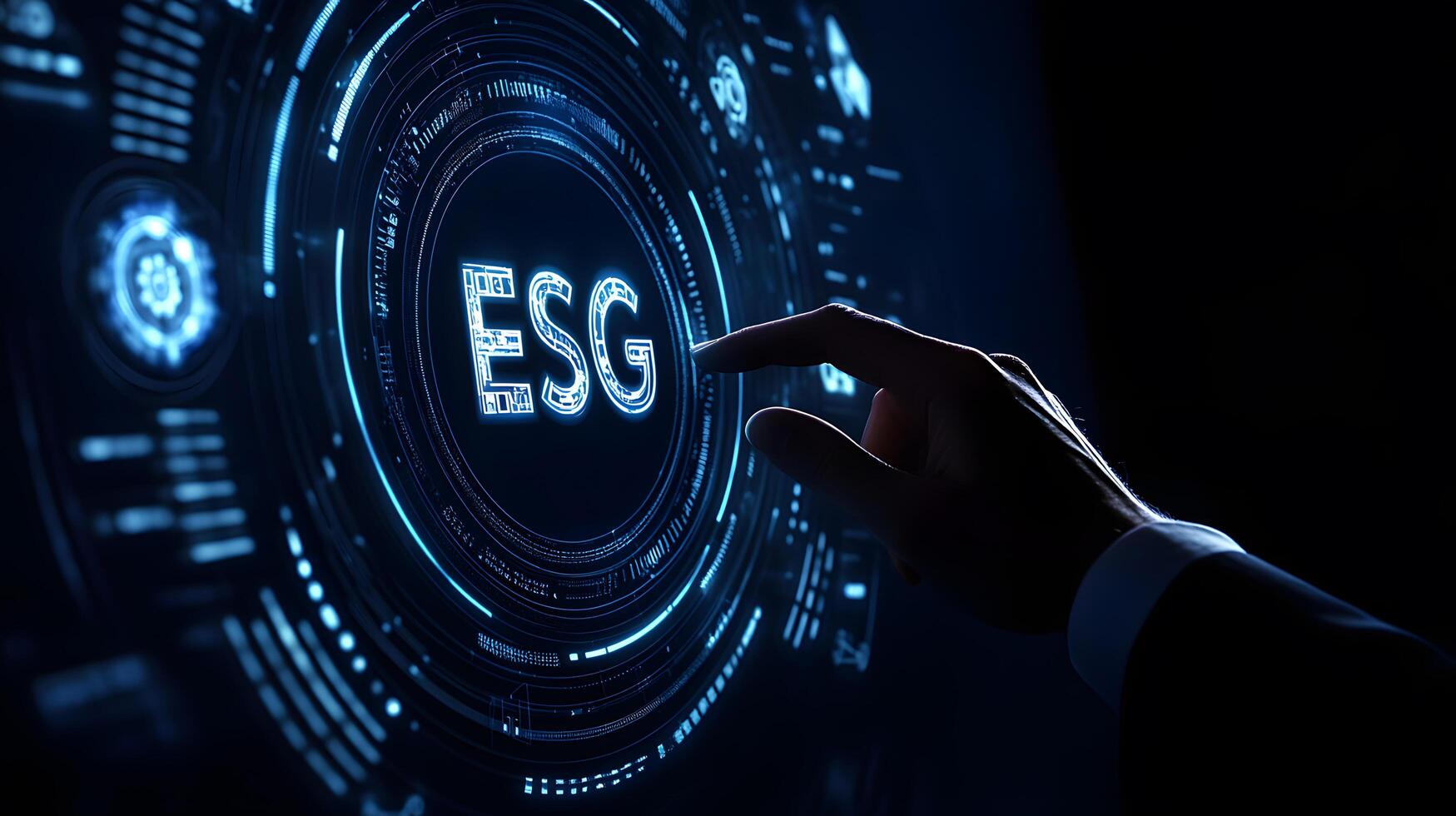 ESG Futuristic Digital Touchscreen Interface Concept with Environment Social Governance and Hand Interaction Technology photo