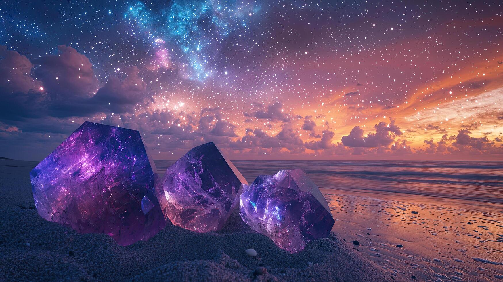 Ethereal Amethyst Crystals on Beach at Sunset with Starry Sky and Milky Way Galaxy Scenery photo