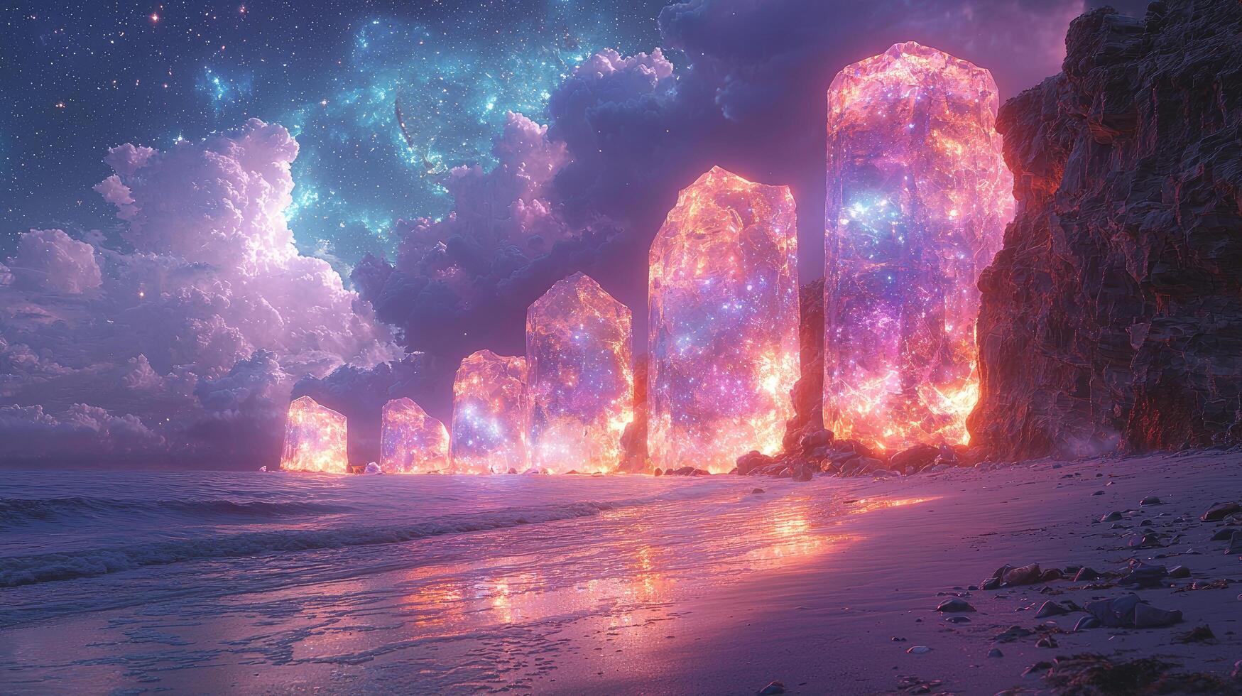 Ethereal Beachscape with Luminous Crystals, Fantasy Coastal with Glowing Rocks, Dreamlike Landscape photo