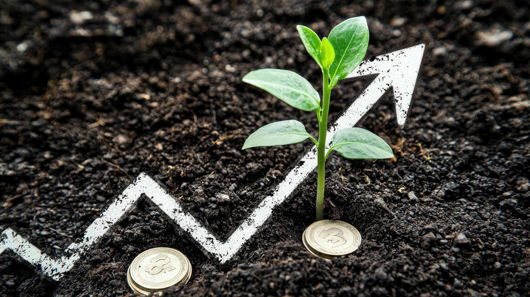 Financial Growth Concept Sprout Emerging from Coins with Upward Arrow, Symbolizing Investment and Success photo