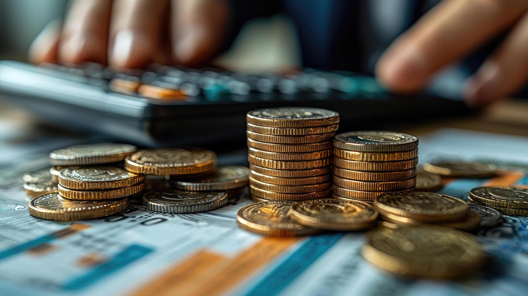 Financial Planning and Budgeting Calculator, Golden Coins, and Banknotes Business Growth, Savings, and Investment Concepts photo