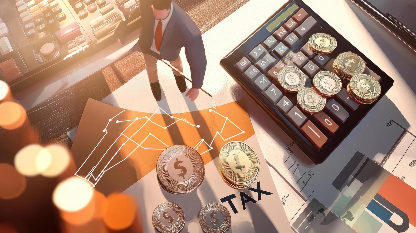 Financial Planning and Tax Preparation Budgeting with Coins, Calculator, and Charts for Economic Growth. photo