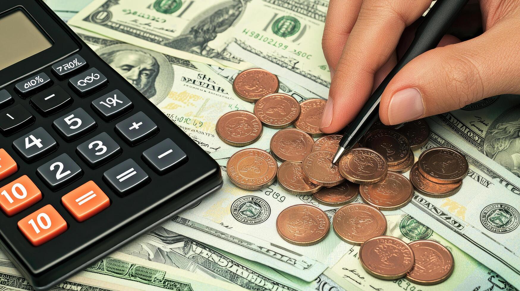 Financial Planning Concept CloseUp of Calculator, Hand with Pen, Coins and US Dollar Bills Background photo