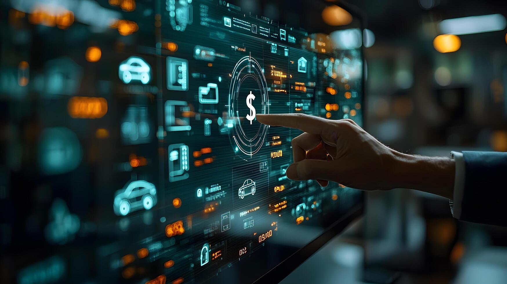 Financial Technology Interface Hand Touching Dollar Sign on Futuristic Screen for Investment and Business Intelligence photo