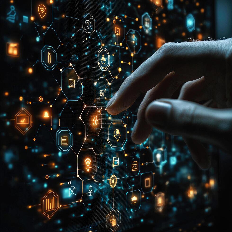 Finger Interacting with Digital Data Secure Network Connectivity and Cloud Computing Solutions Visualized Through Glowing Tech Icons photo