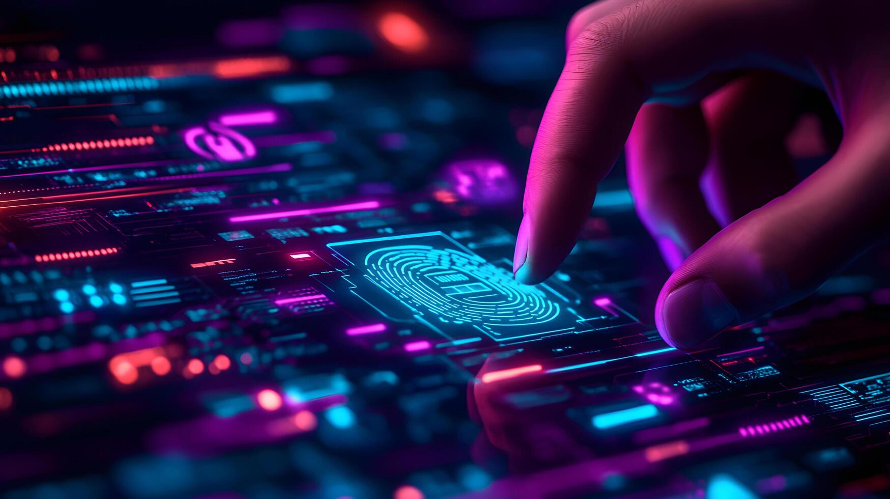 Finger Touching Digital Fingerprint Lock Cyber Security, Data Protection, Futuristic Technology and Biometric Authentication Concept photo