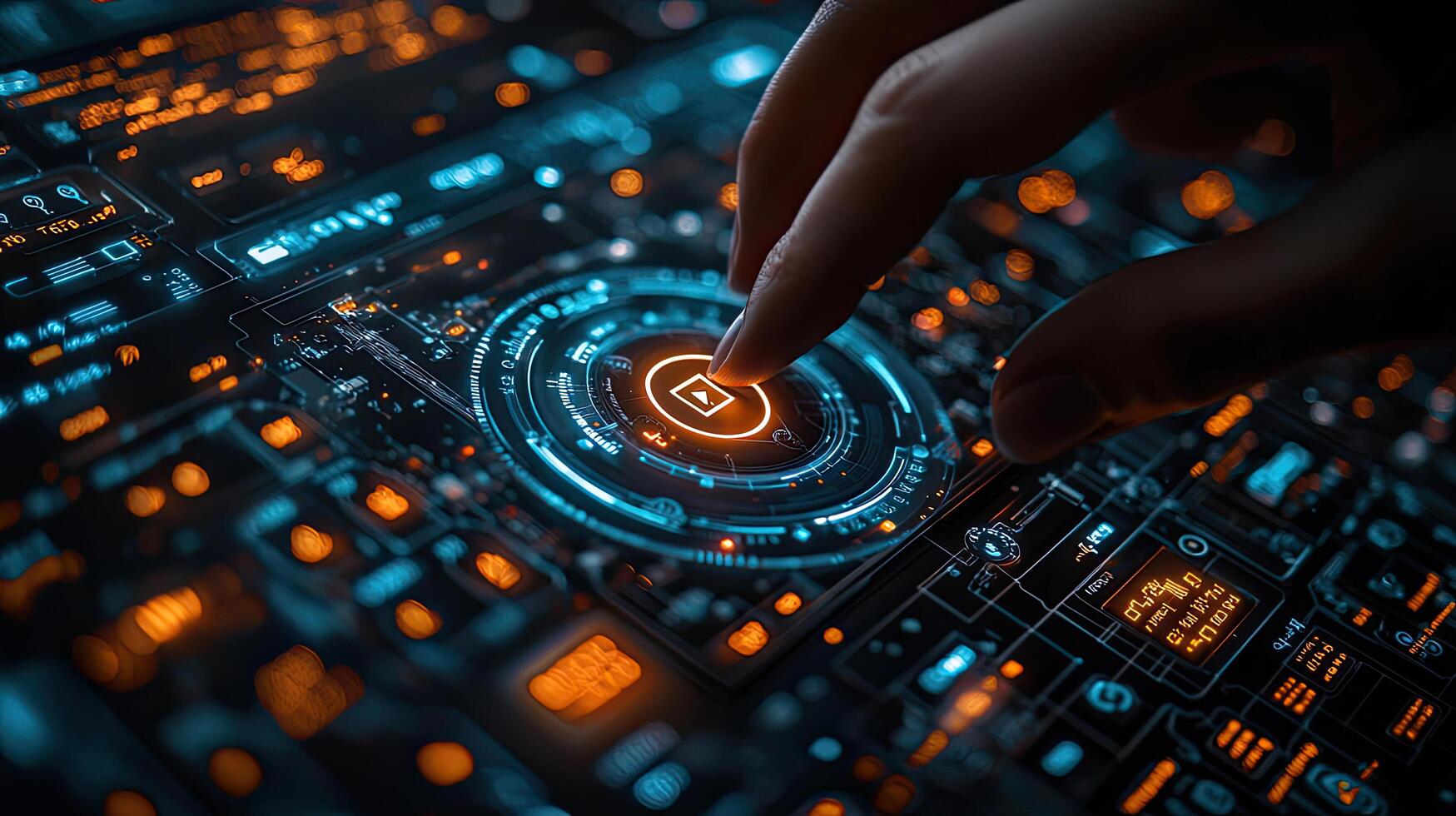 Finger Pressing Play Button on Futuristic High Tech Interface With Glowing Lights and Circuitry. photo