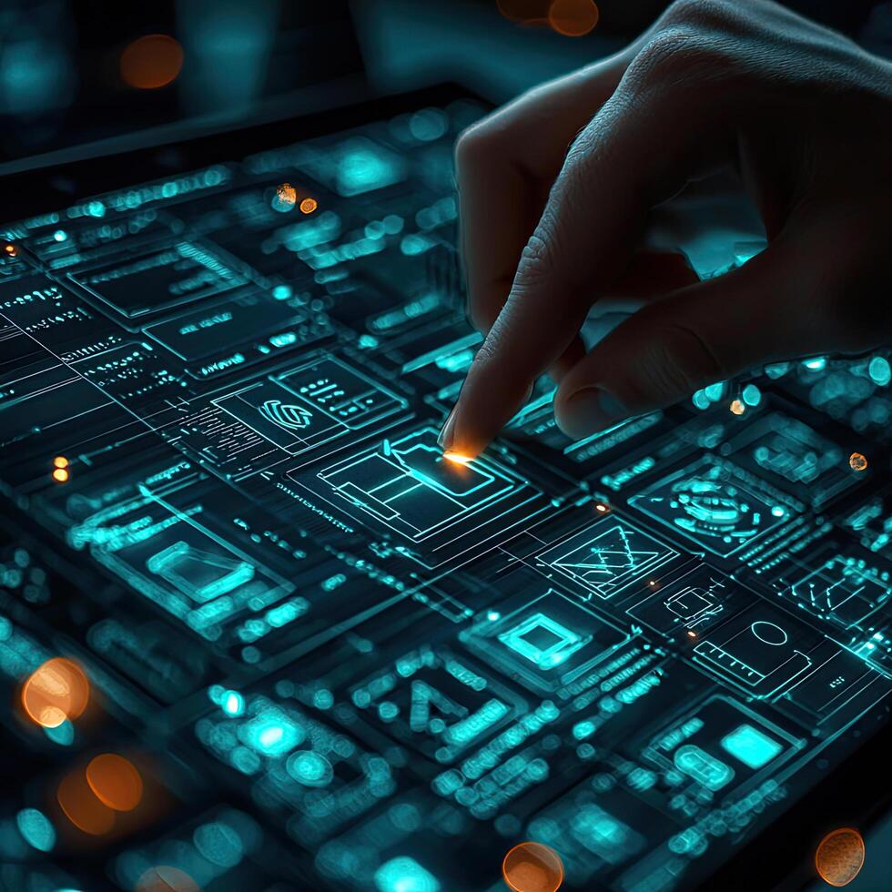 Finger Touching Digital Tablet with Glowing Futuristic Interface, Technology Concept for Innovation, Data Analysis and Artificial Intelligence photo