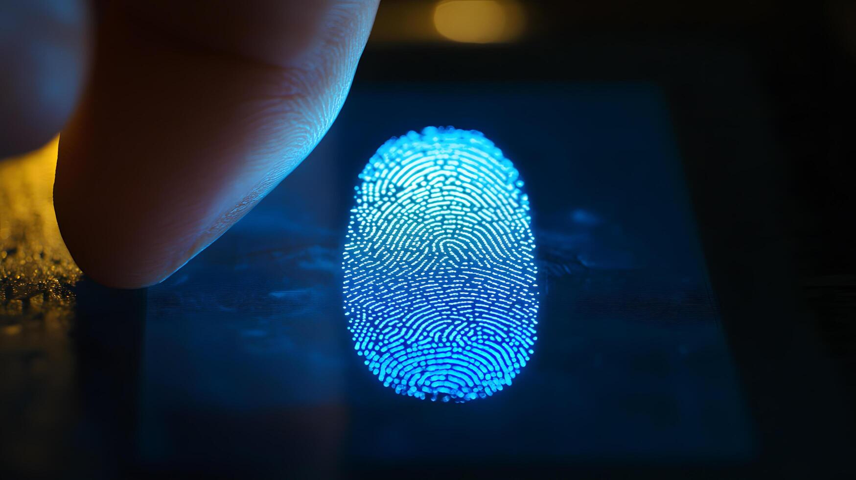Fingerprint Scan on Screen Biometric Security, Authentication, and Digital Identity Verification with Glowing Blue Light photo