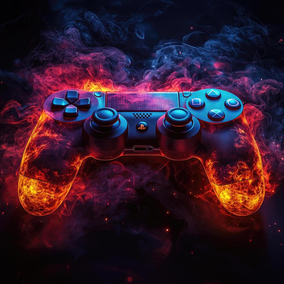 Flaming Game Controller with Blue Buttons and Fiery Smoke on a Dark Background photo