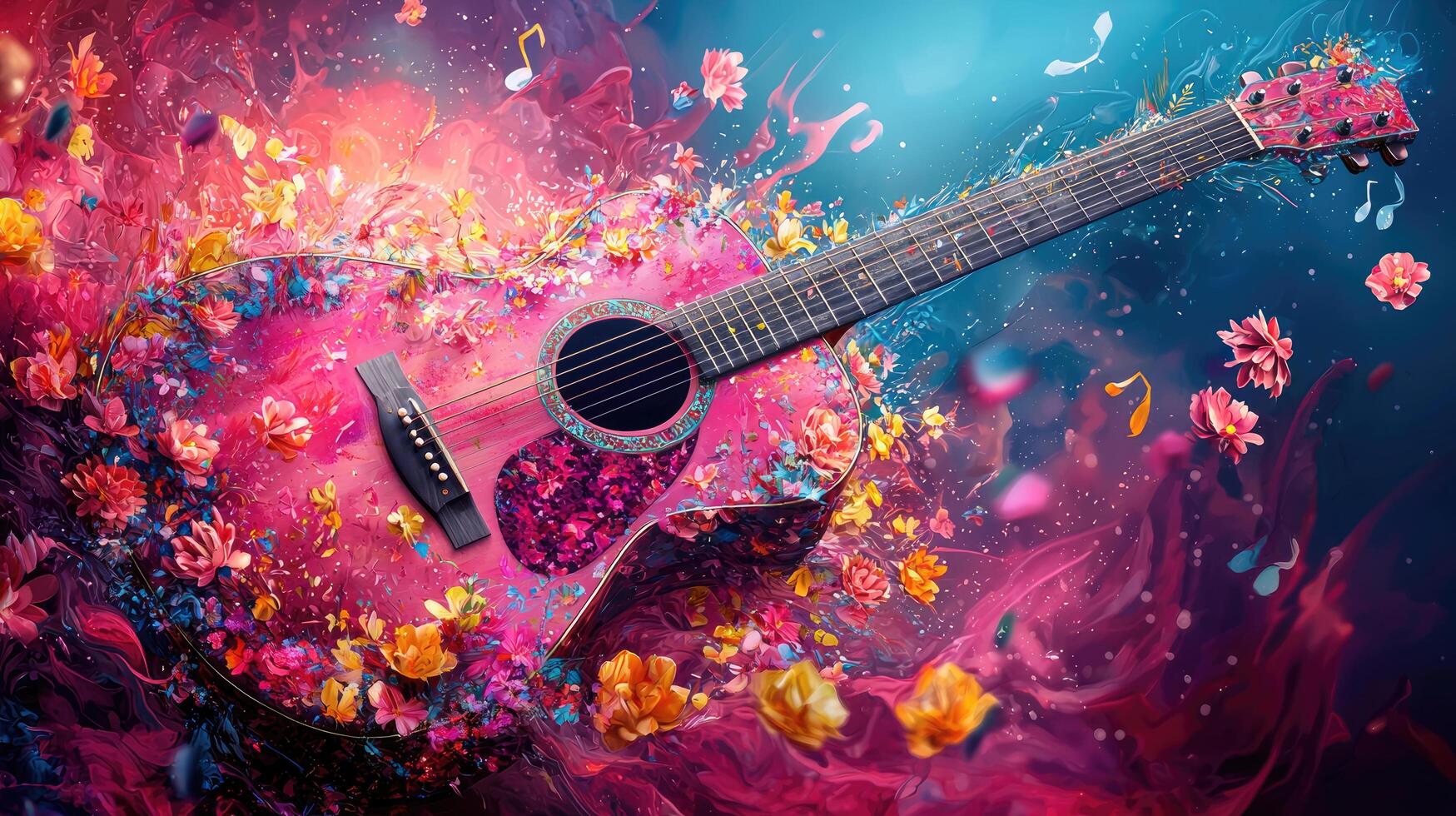 Floral Acoustic Guitar Art, Vibrant Music with Blooming Flowers and Flowing Notes in Pink and Teal. photo