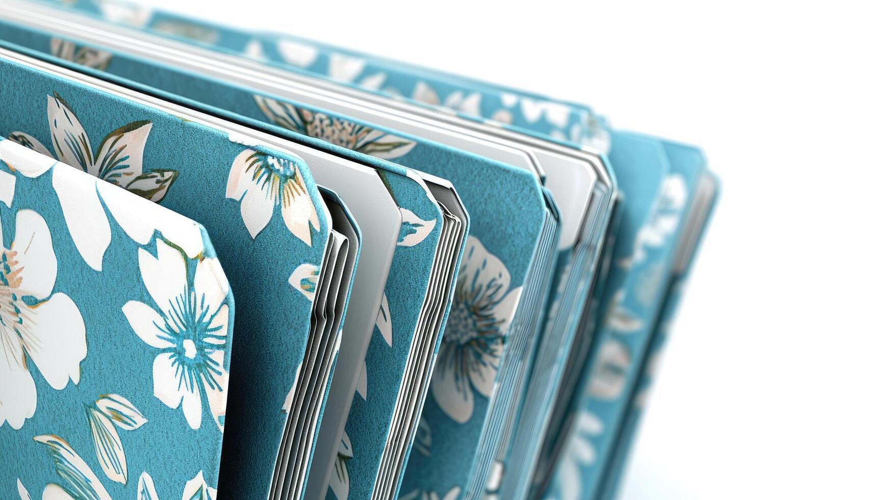 Floral Patterned Folders Organize Documents in Filing Cabinet, Office Supplies with Decorative Design, Blue and White. photo