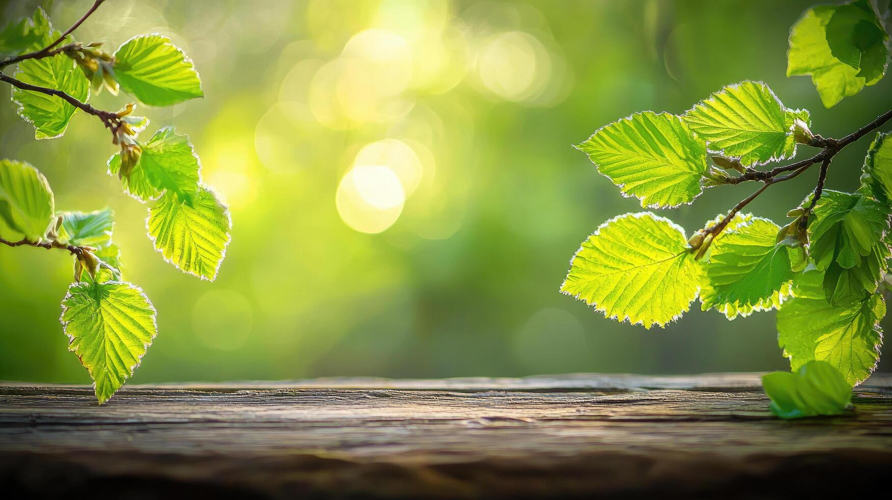 Fresh Green Leaves on a Branch Over Wood Surface, Spring Bokeh Background for Product Mockup. photo
