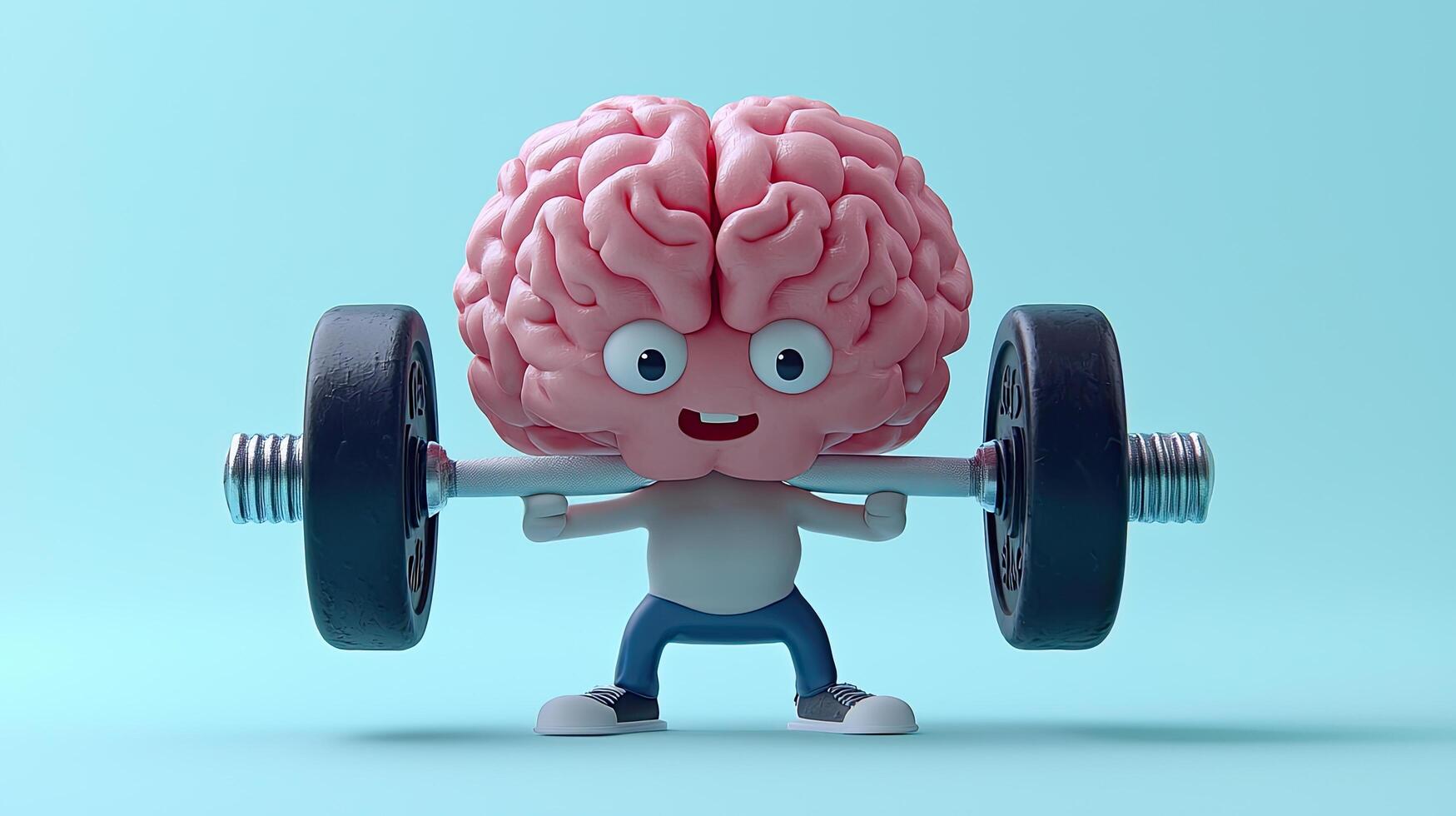 Funny Cartoon Brain Lifting Weights, Exercising for Mental Health and Cognitive Fitness on Blue Background photo