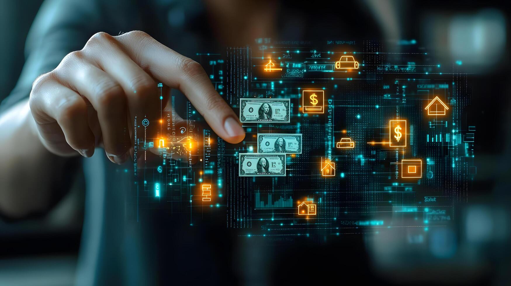 Future of Finance Hand Touching Digital Interface with Money, Assets, and Technology Icons photo