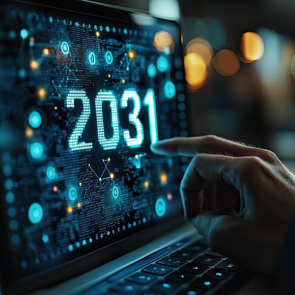 Future Technology Vision 2031 Hand Touching Digital Interface Displaying Date on a Modern Laptop Screen. photo