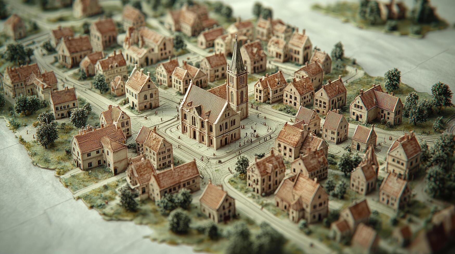 Miniature City Model Detailed Architectural Representation of a Historic European Townscape Featuring Church and Residential Buildings photo