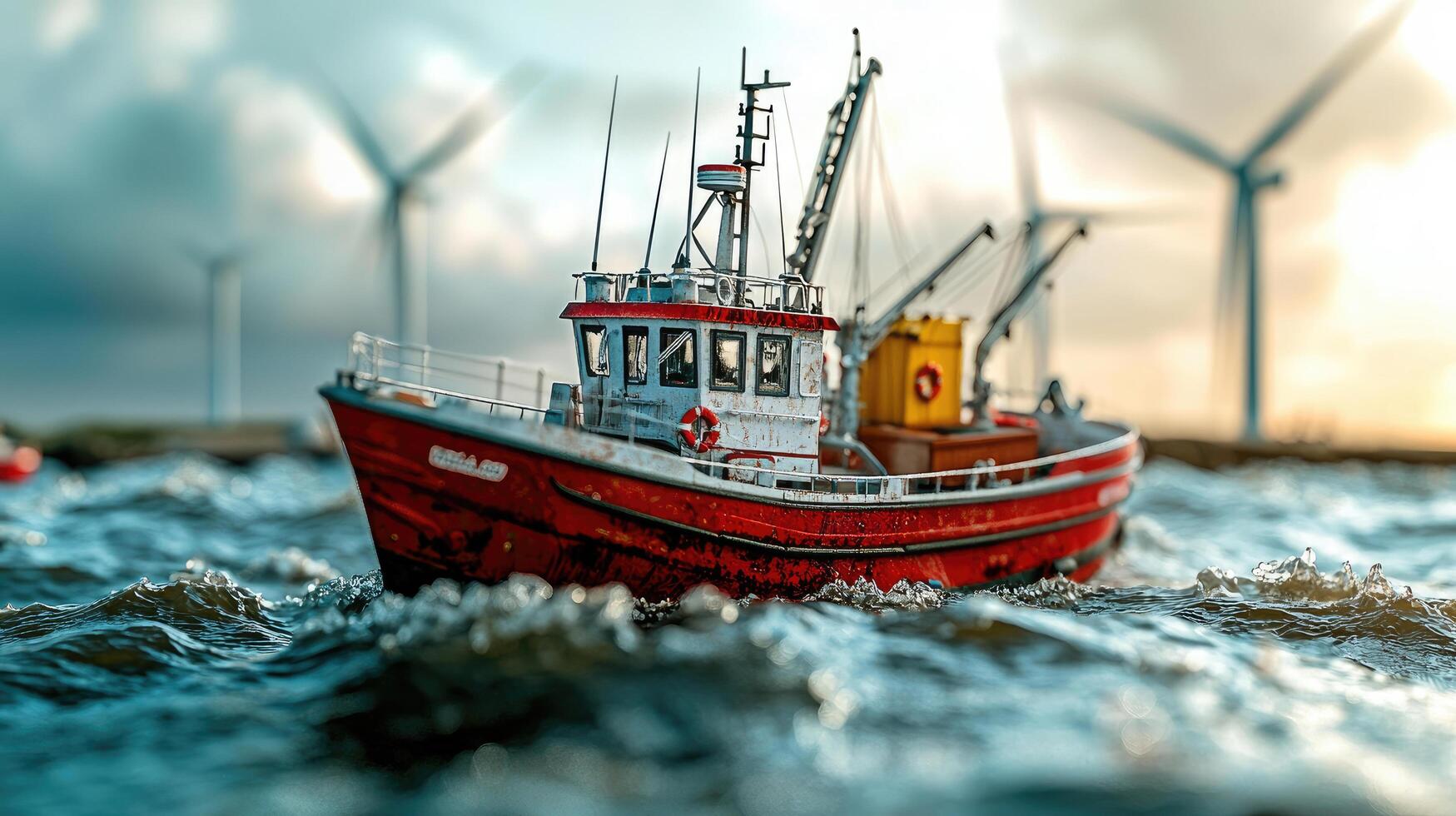 Miniature Fishing Boat Model Sailing on Water with Wind Turbines in the Background, Nautical Theme photo