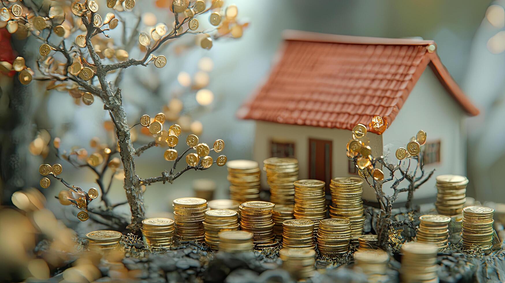 Miniature House Model with Golden Coin Stacks and Money Tree, Symbolizing Real Estate Investment and Financial Growth photo
