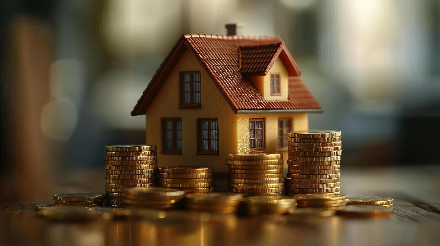 Miniature House with Stacks of Coins Investment, Real Estate, Savings, and Financial Security Concept photo