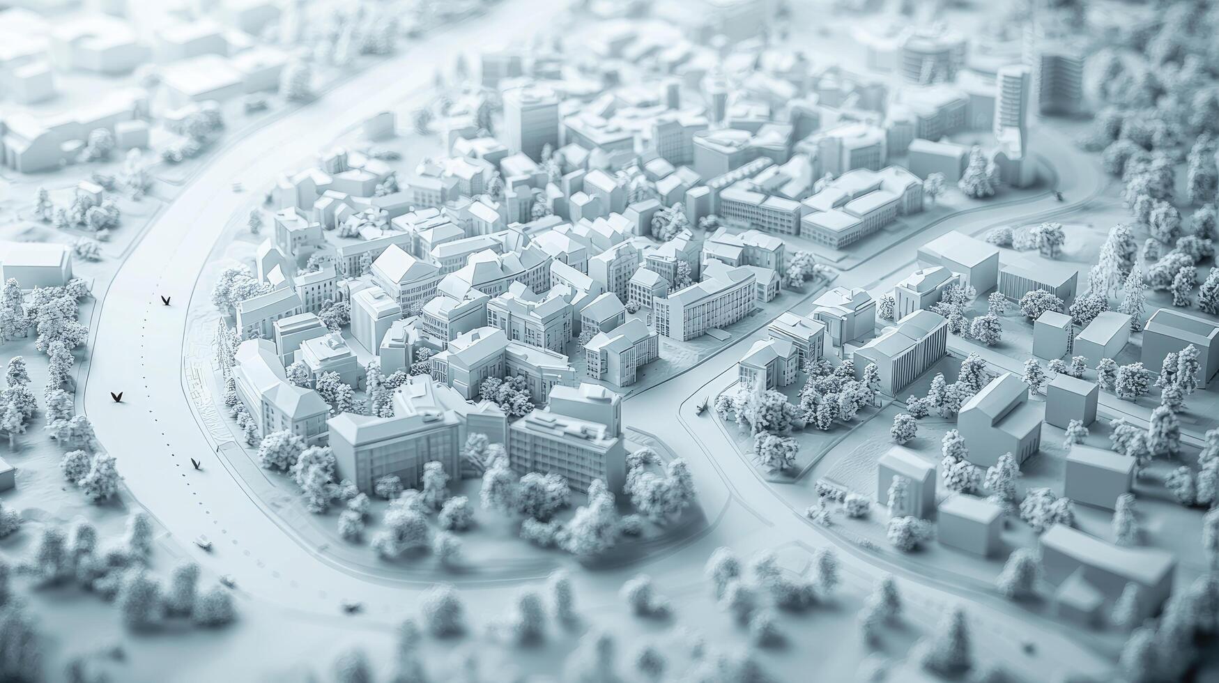 Minimalist Monochrome Cityscape Aerial View of Buildings, River, and Trees Under Dreamy Light Architectural Model photo