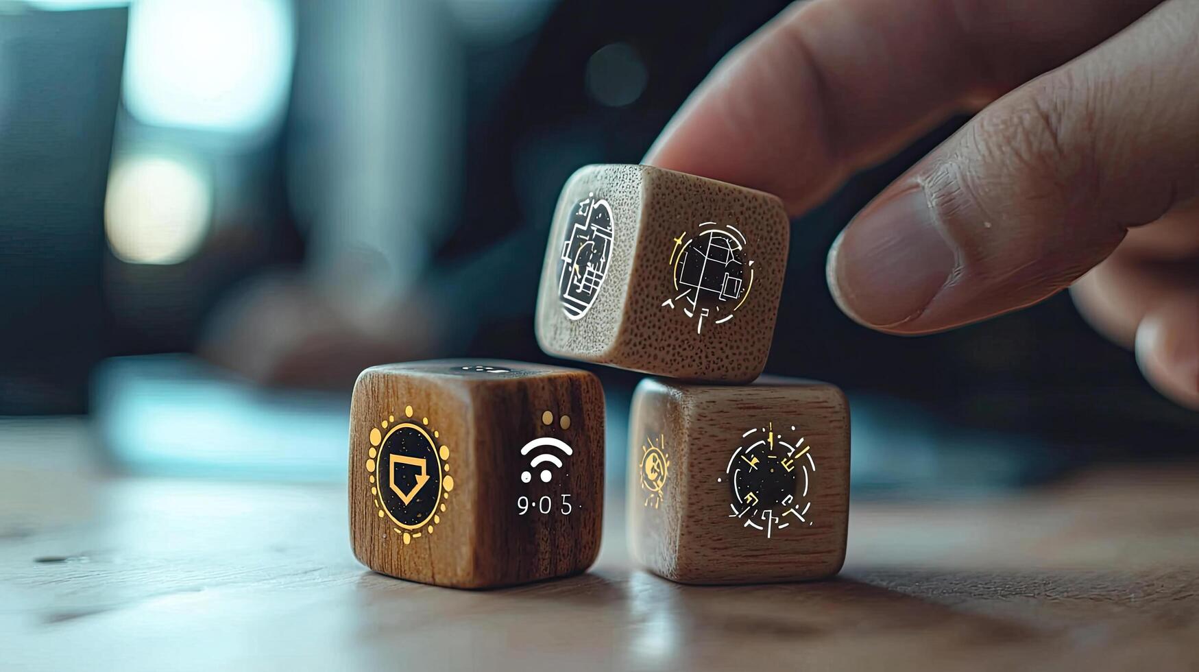 Modern Home Automation Concept Wooden Smart Home Dice with Digital Iconography and Finger Touch. photo