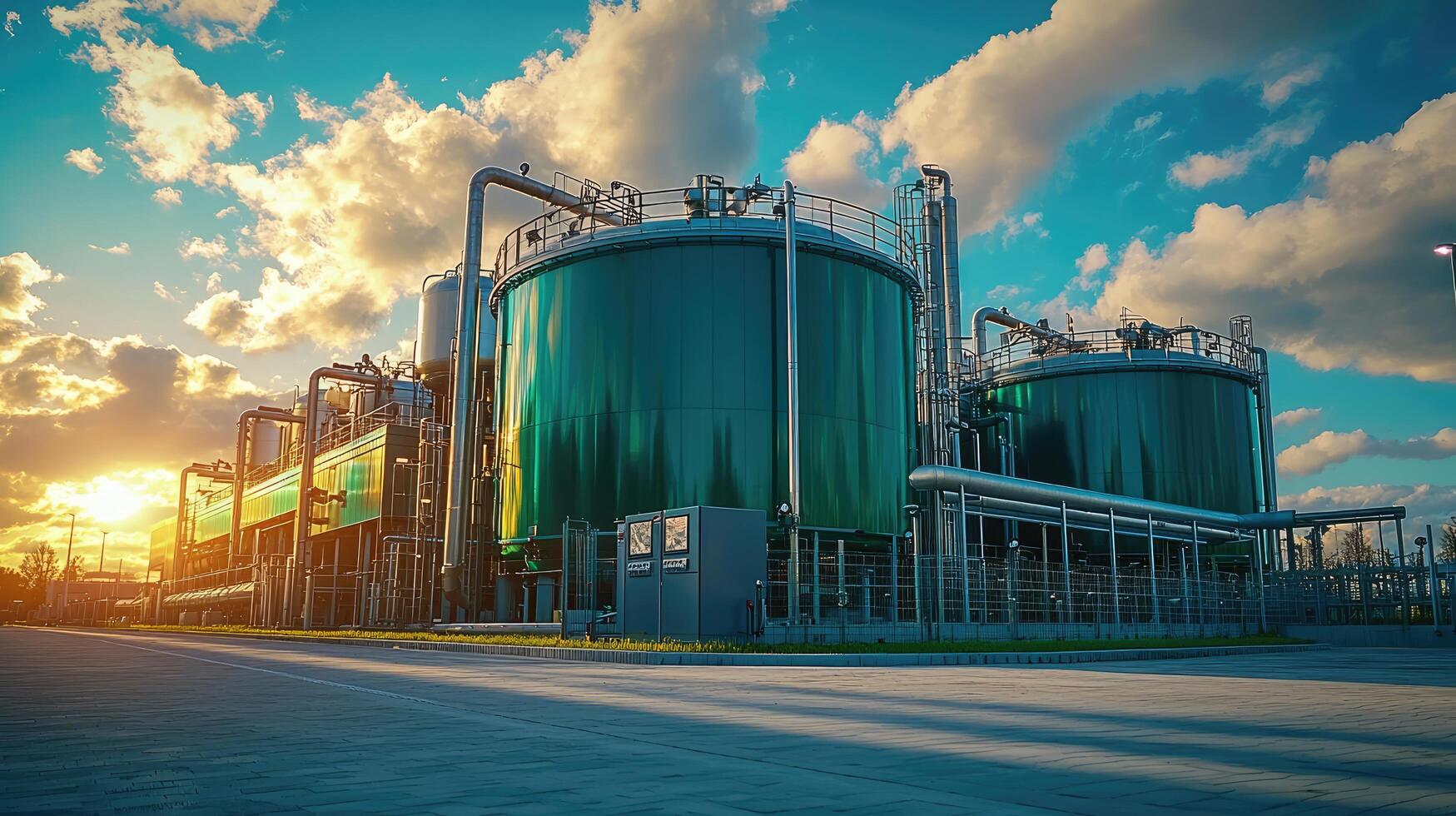 Modern Industrial Plant Exterior with Green Storage Tanks and Bright Cloudy Sky at Sunset photo