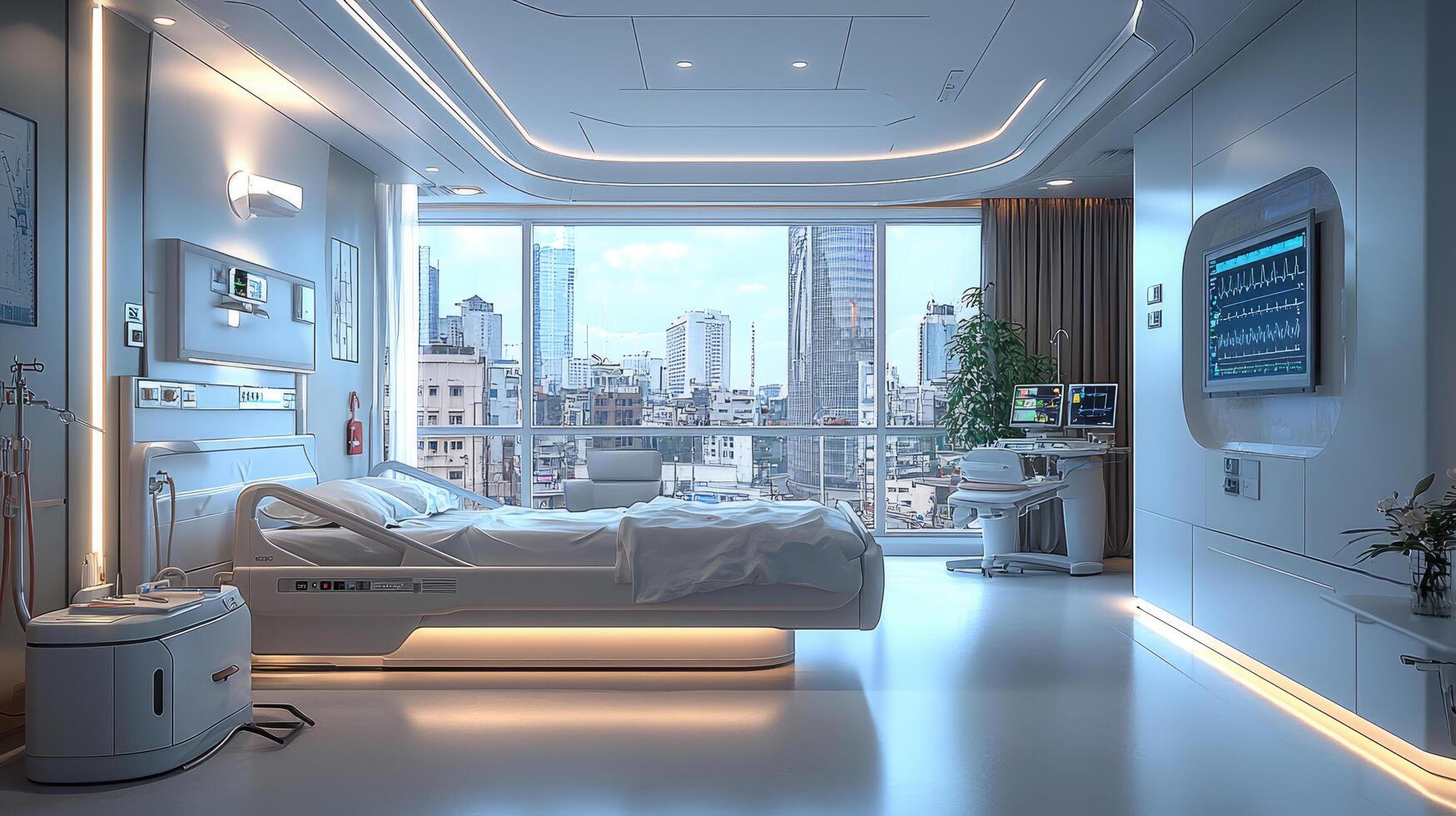 Modern Hospital Room with Skyline View, Medical Equipment, Patient Bed, and Heart Rate Monitor Screen Displaying Vitals. photo