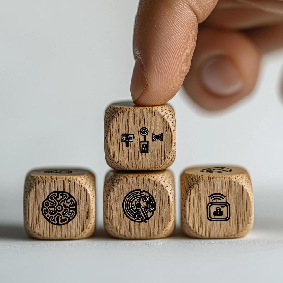 Modern Internet of Things Concept Wooden Dice Tower Showcasing IoT Icons, Smart Home Automation, and Connectivity photo