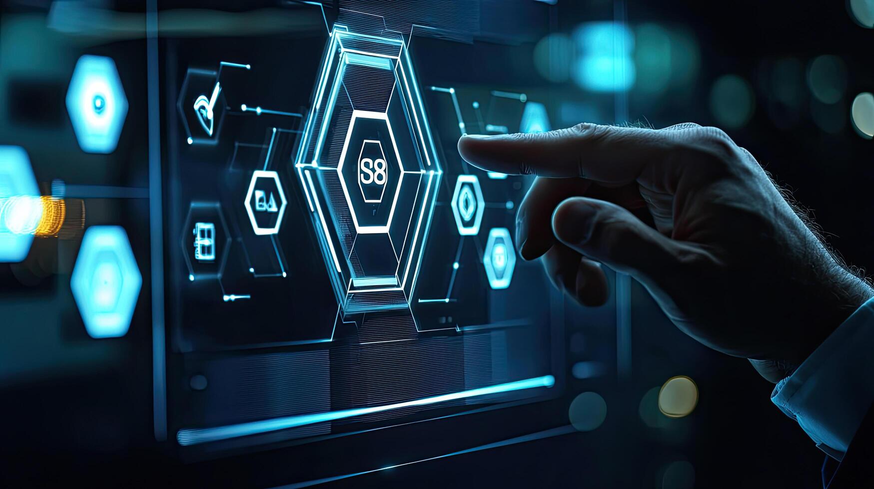 Modern Interface Technology Interaction Human Hand Touching Digital Hexagon Grid on Futuristic Touchscreen Display photo