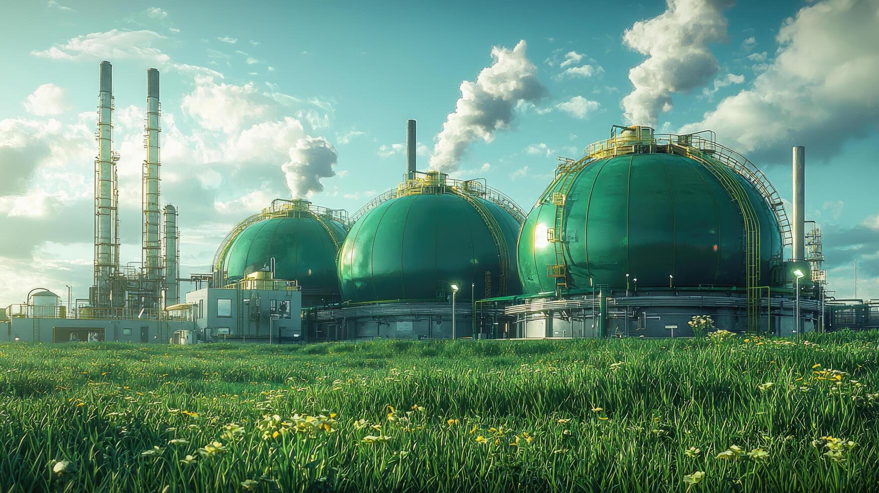 Modern Industrial Plant with Spherical Tanks and Lush Meadow Under a Cloudy Sky, Green Energy. photo