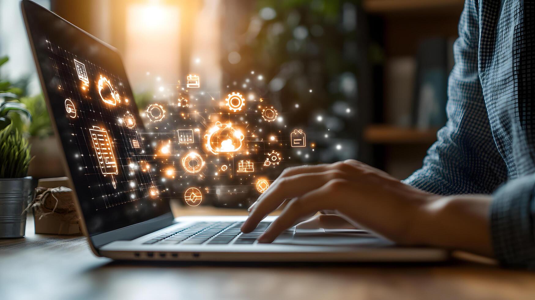 Modern Laptop Displaying Cloud Computing and Network Technology with Typing Hands on Keyboard, Bright Glowing Icons photo