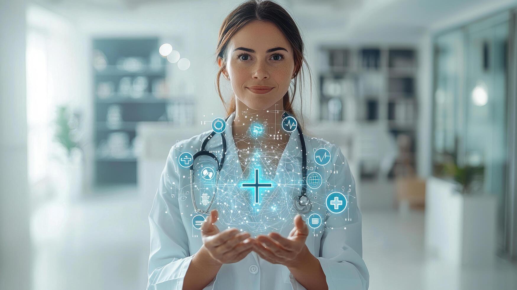 Modern Medicine Doctor Holding Digital Health Network with Stethoscope in Hospital, Telemedicine and Technology. photo