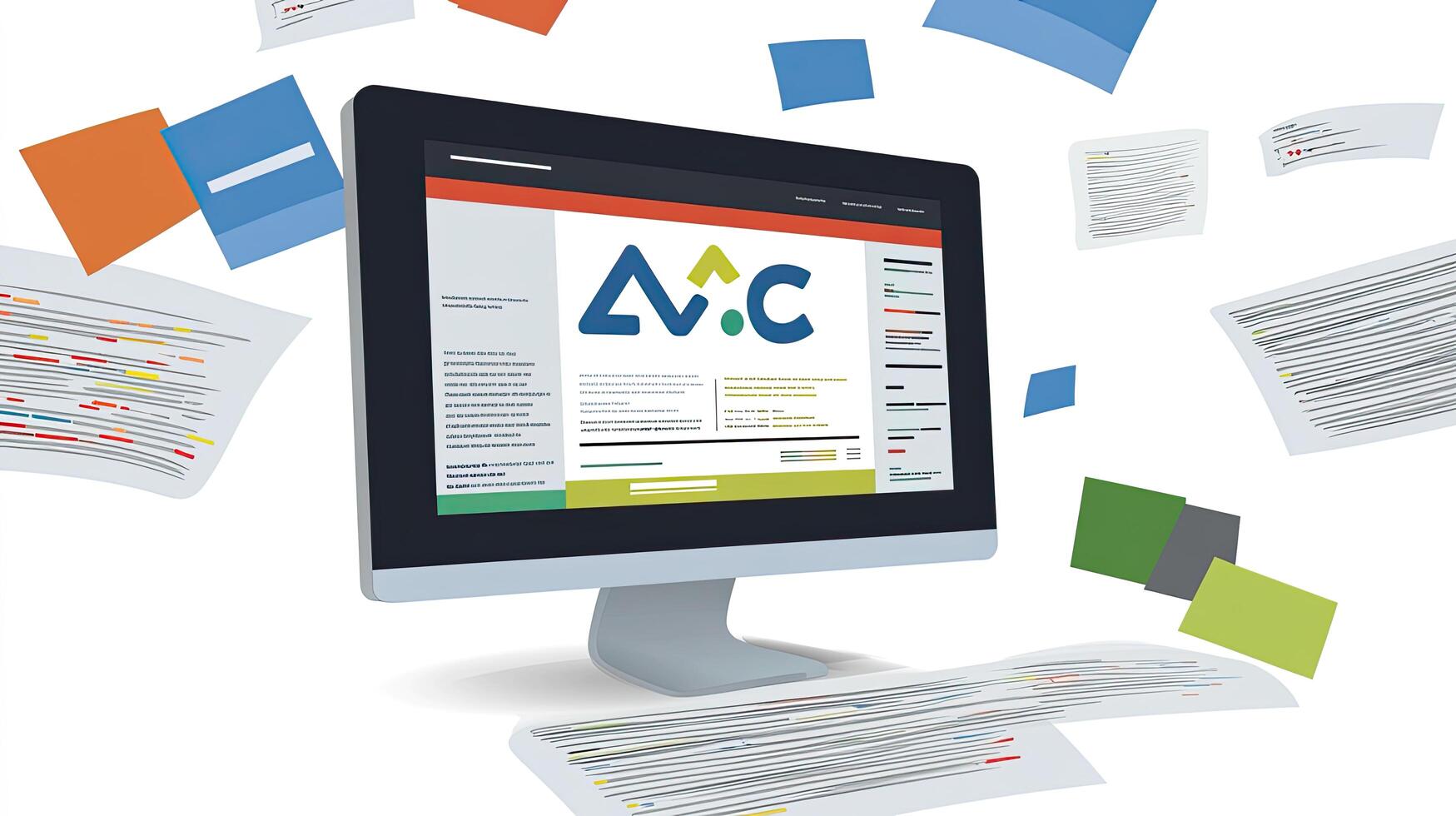 Modern Office Computer with Flying Paperwork and Notes, Documents, Digital Workflow Efficiency Concept photo
