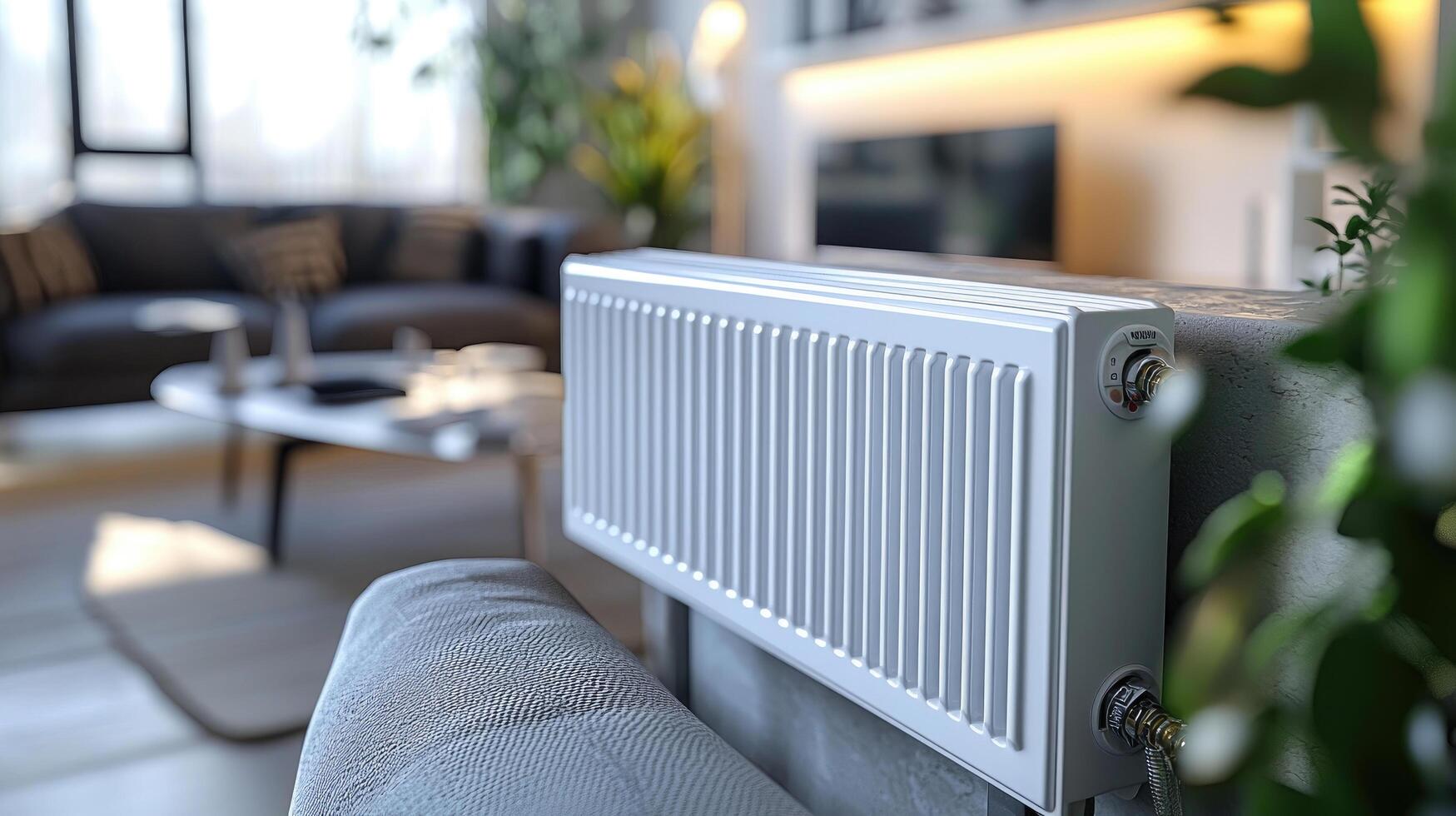 Modern Radiator Heating System in a Stylish Living Room with Contemporary Interior Design and Comfortable Furniture. photo