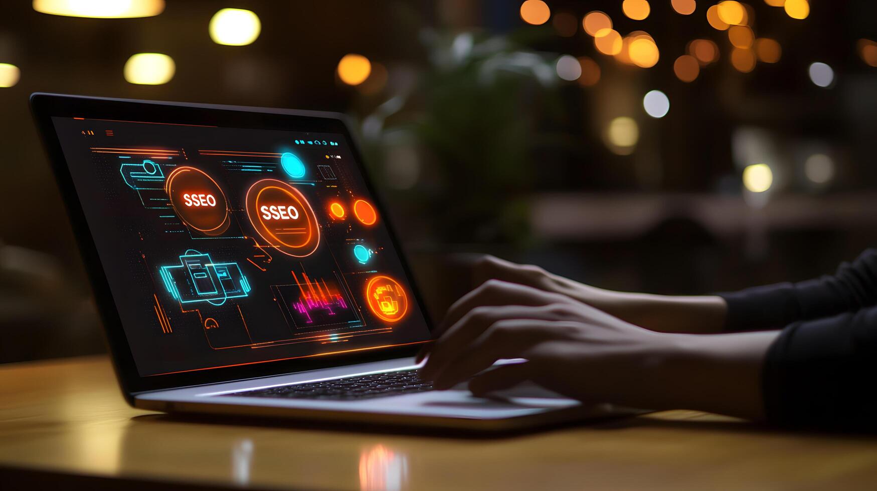 Modern SSEO Digital Marketing Analysis on Laptop with Business Growth Strategy and Online Optimization Concept photo