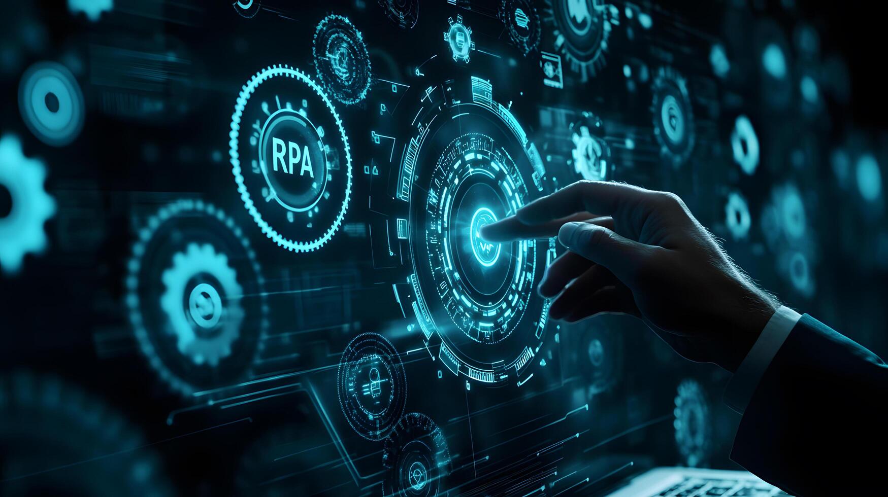 Modern RPA Technology Businessman Activating Robotic Process Automation Interface with Futuristic Gear and HUD Elements. photo