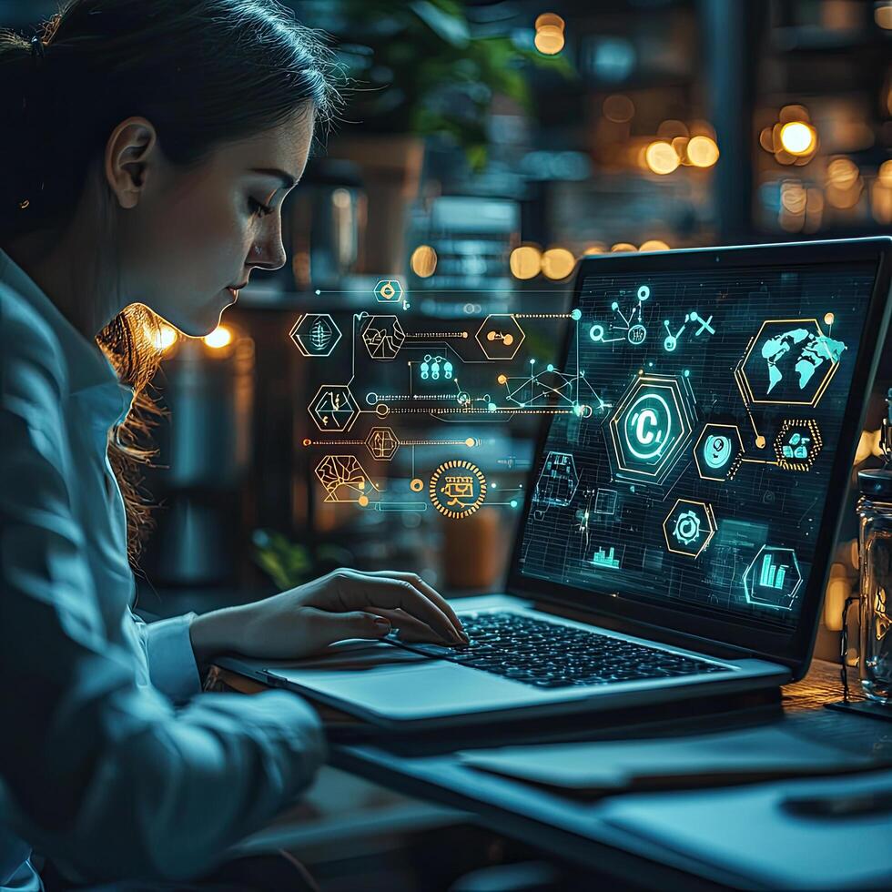 Modern Woman Analyzing Data on Laptop with Futuristic Interface Displaying Business and Financial Information photo