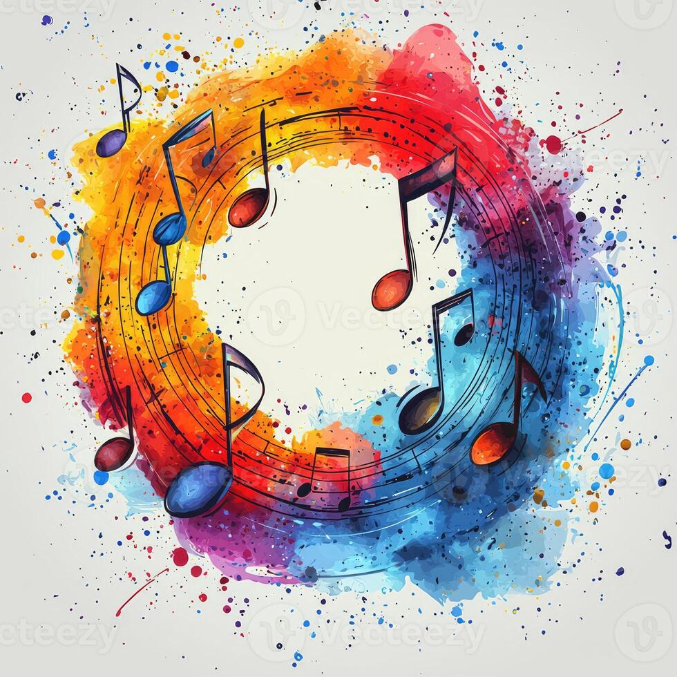 Musical Notes Swirl Around Colorful Watercolor Splashes, Creating a Harmonious and Vibrant Artistic Expression with Abstract Elements photo