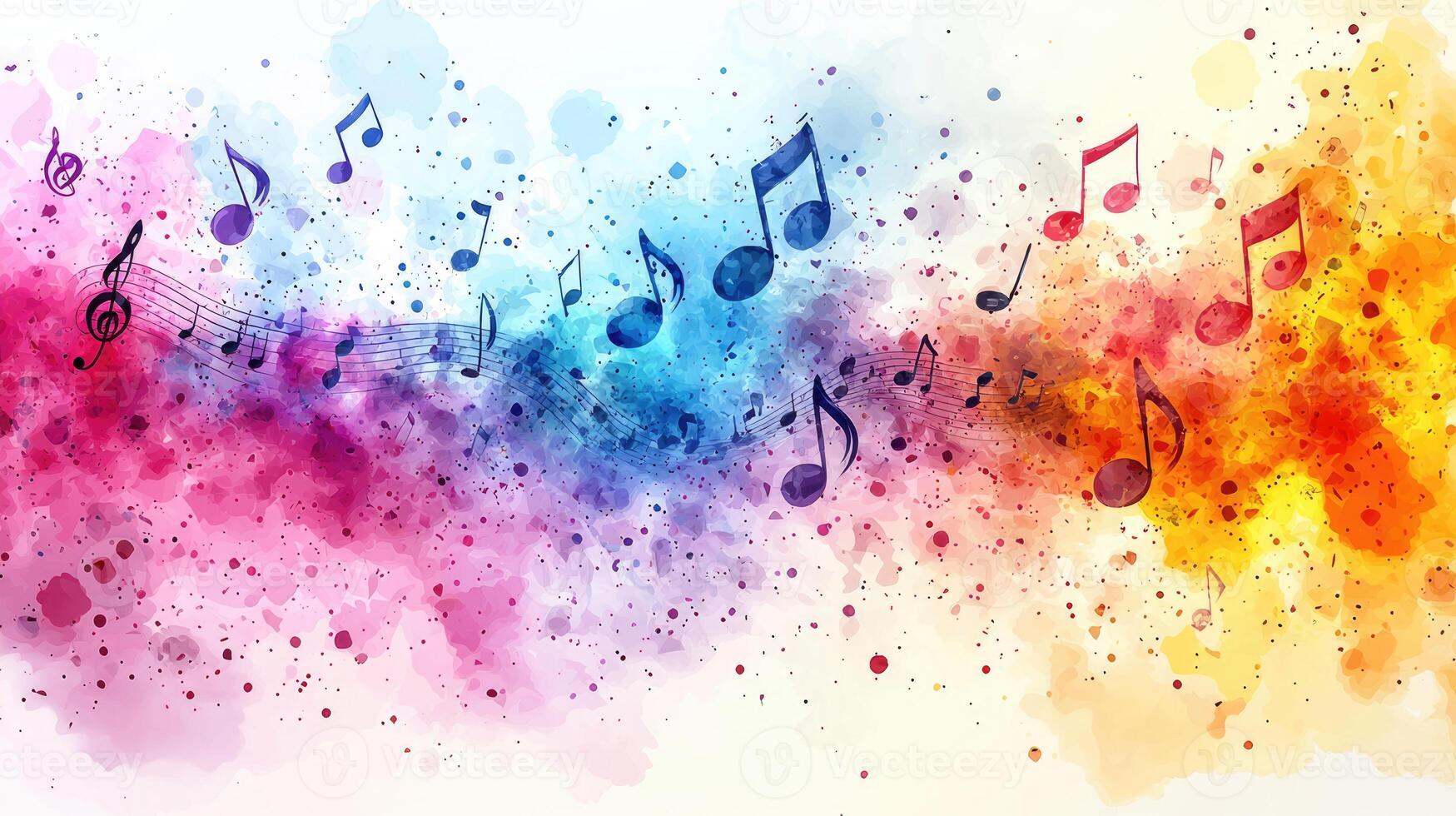 Musical Notes Symphony Vibrant Watercolor Painting with Musical Symbols, Artistic Composition, Background for Creative Projects photo
