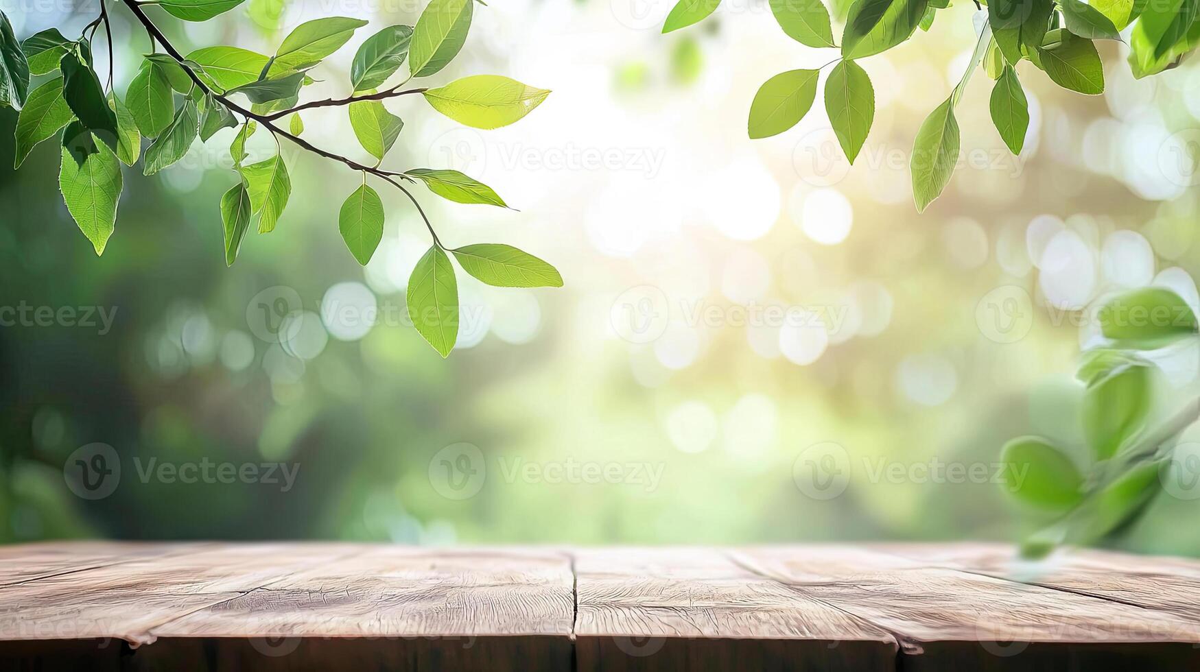 Natural Spring Mockup Wooden Table with Leaves on Green Bokeh Background for Product Presentation photo